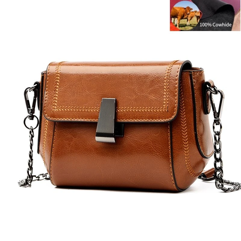 

100% Cowhide Women's Shoulder Bag Trendy Chain Crossbody Bag Solid Soft Tote Fashion Design Genuine Leather Ladies Messenger Bag
