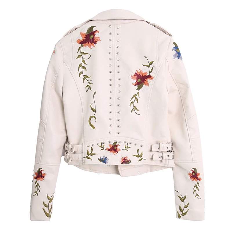 

Women Floral Print Embroidery Faux Soft Leather Jacket Coat Turn-down Collar Casual Pu Motorcycle Black Punk Outerwear