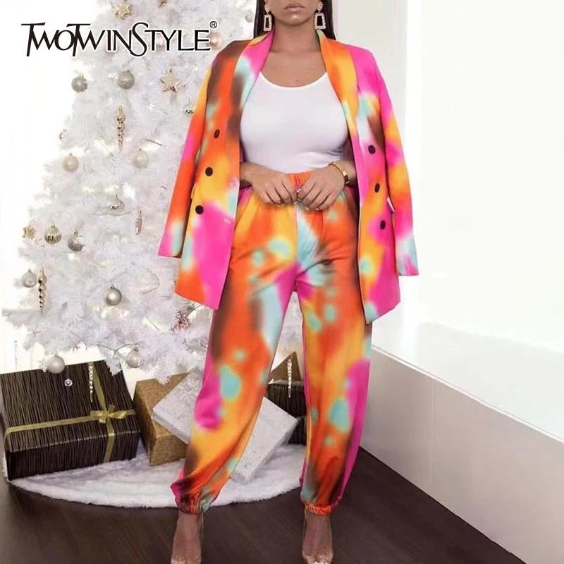 

TWOTWINSTYLE Print Tie Dye Two Piece Set For Women Notched Long Sleeve Blazer Casual Pants Hit Color Sets Female Fashion New