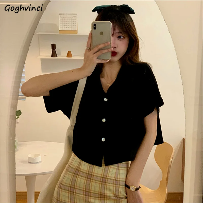 Shirts Women Solid Loose Office Ladies Fashion Sweet Girls Simple Button Up Tops Elegant Students Al