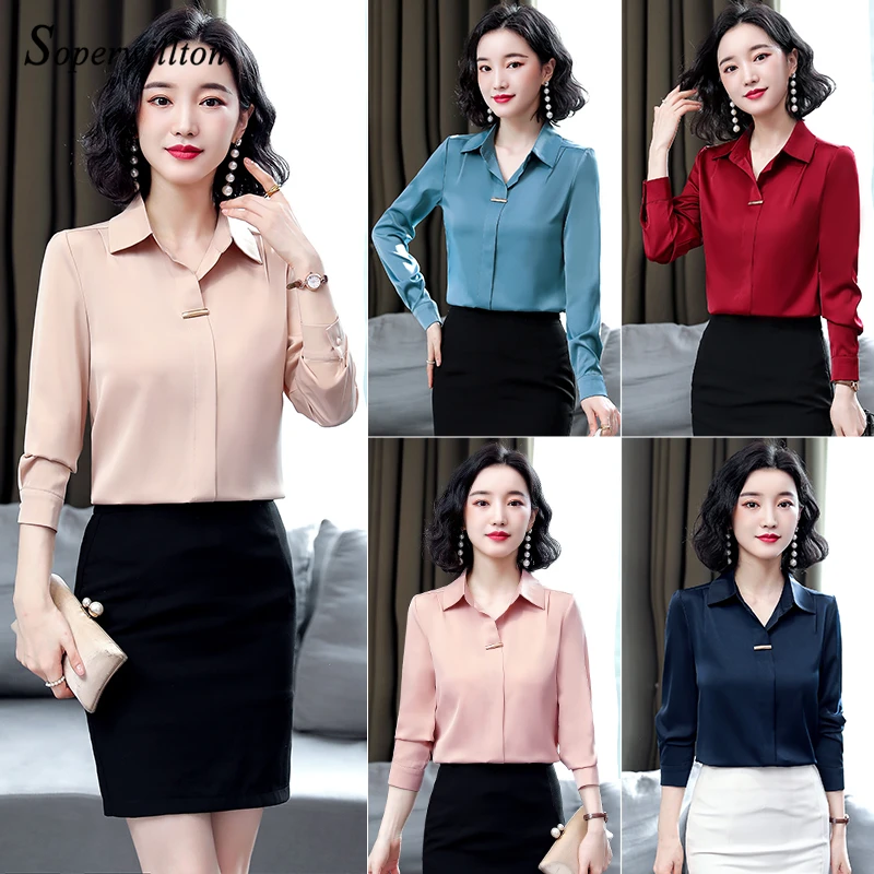 Блузка Женская атласная с длинным рукавом элегантный топ винтажная блузка