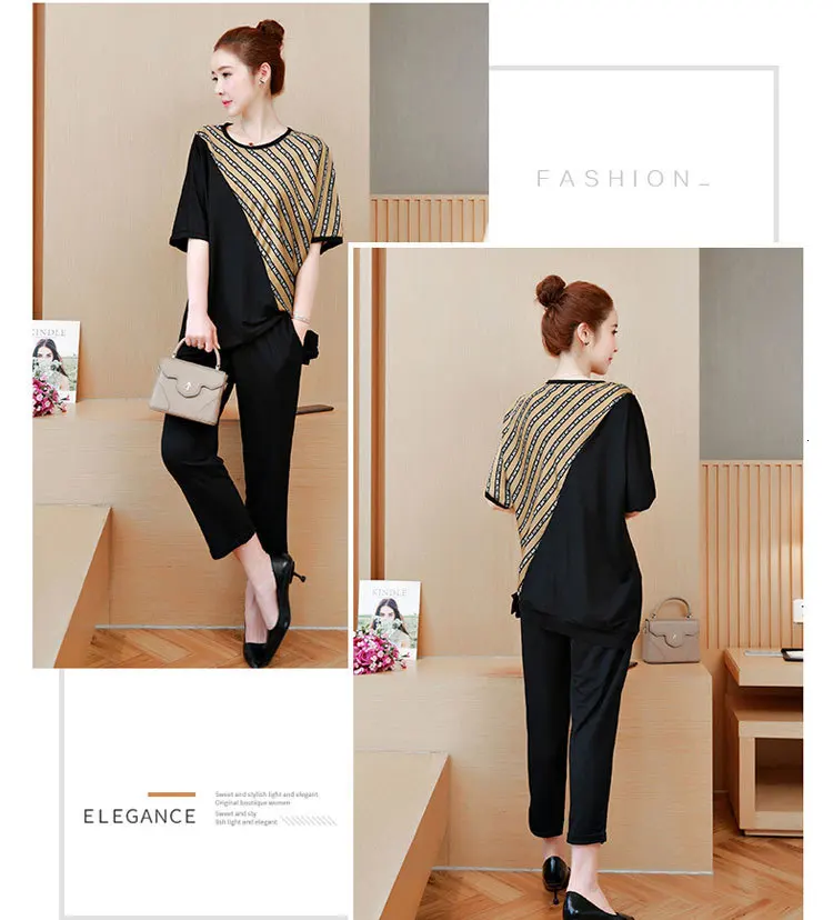 Комплект из 2 предметов размера плюс, большой 3XL, 4XL, 5XL, спортивный костюм для женщин, комплект в полоску, комплект из штанов и топа, летние костюмы