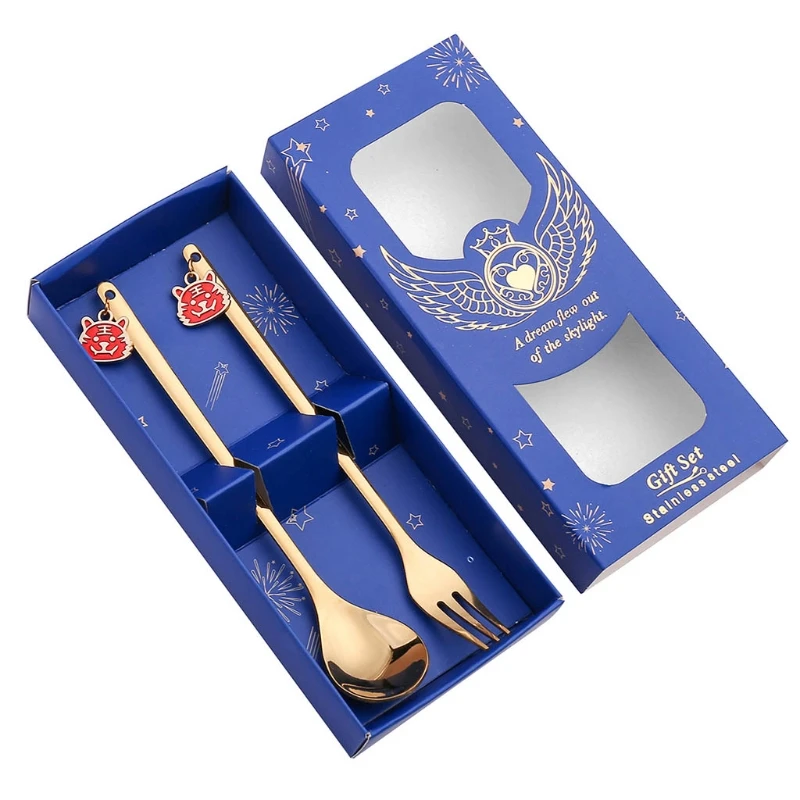 

2 Pcs Fork and Spoon Set with Tiger Pendant for Themed Parties Birthday Parties Afternoon Tea Weddings Exquisite