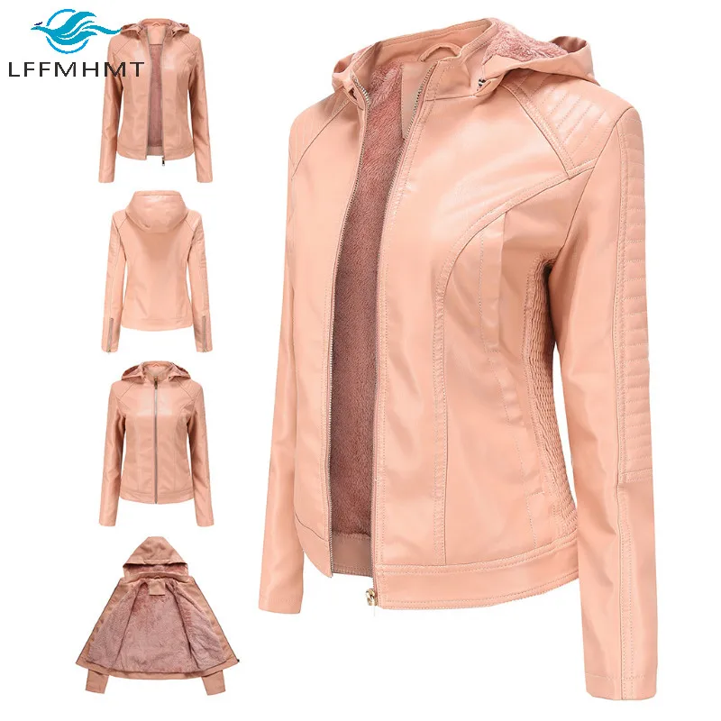 

omen Winter Solid Color Fleece Lining Thick Warm Short Coat Office Lady Large Size Casual Slim Hooded Tops Female PU Jackets