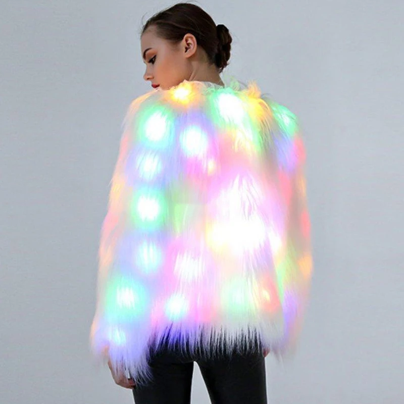 Women Faux Fur LED Light Coat Christmas Costumes Cosplay Jacket Overcoat Winter Warm Party Club Fur Coats Outwear 2020