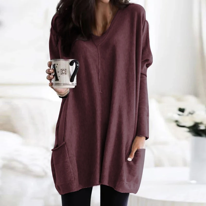 Wine Red ZANZEA, женские блузы, Модные осенние Топы с длинным рукавом, рубашки для девушек, повседневные вязанные блузы, свободная туника с длинным рукавом и карманами - Цвет: Wine Red