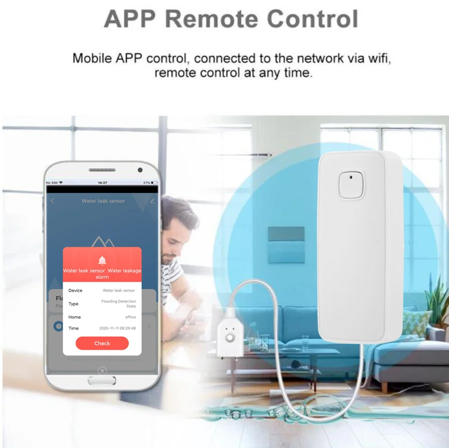 Датчик утечки воды Sgooway Tuya смарт детектор с Wi Fi работает со звуком сигнализации 80