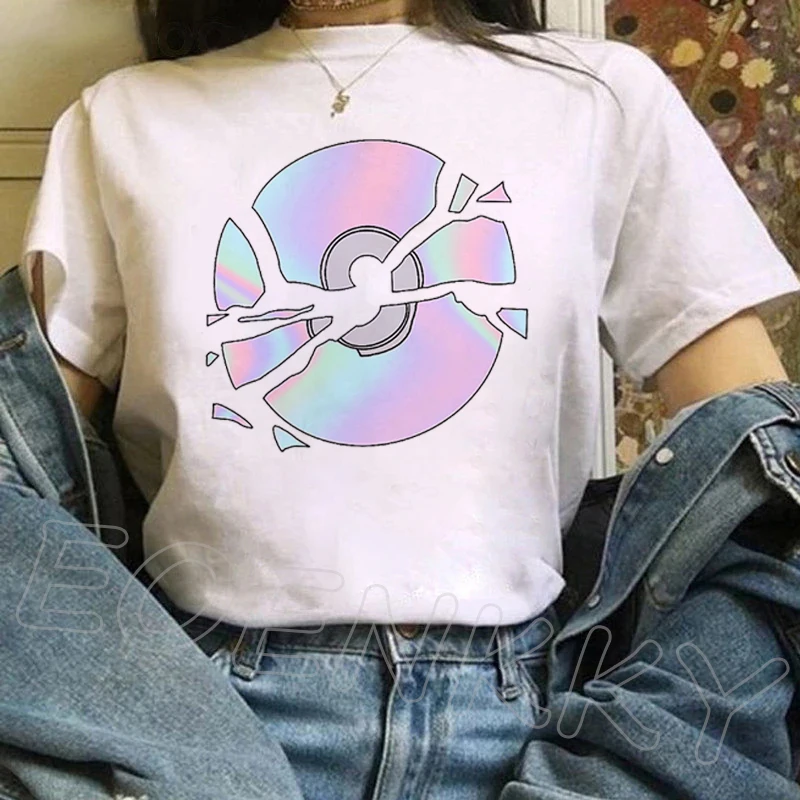 

Broken CD Pattern Tee Trendy Loose Women O-Neck T-shirt Ladies Harajuku Casual Short Sleeve Fashion Streetwear White Top Tees