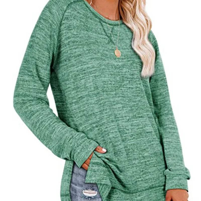 

2020 Hot Sale Autumn Winter Women Solid Color Cross Loose O-Neck Long Sleeve Fashion Split Top T-Shirt 2XL