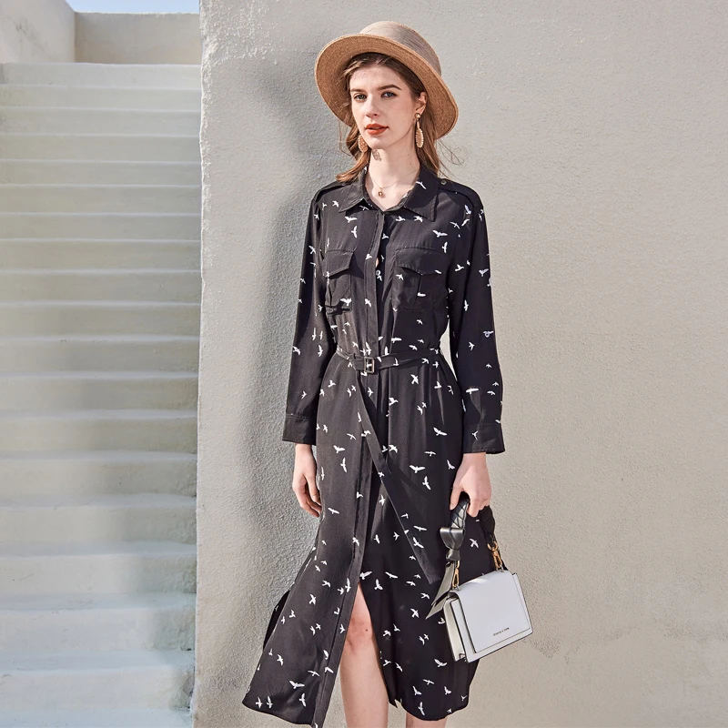 

100% Silk Women's Runway Dresses Turn Down Collar Long Sleeves Printed Fashion Casual Summer Dresses with Belt