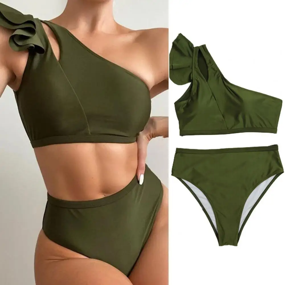 

Women Swimwear One Shoulder High Waist Two-piece Ruffle Bandeau Bra Briefs Swimsuit Bikini Beach Bathing Suit Bikini Set 2021