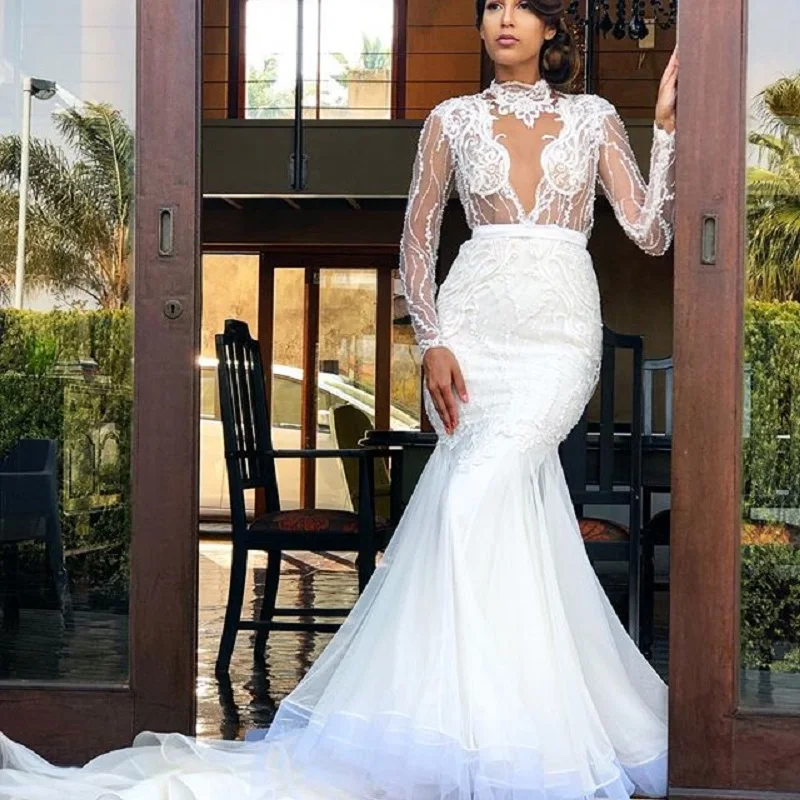 Женское кружевное платье русалка привлекательное свадебное с длинным рукавом