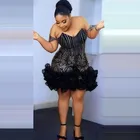 Черные Выпускные платья с открытыми плечами, Короткие вышитые бисером аппликации, плотные с оборками и открытой спиной, вечерние юбки для торжества Aso Ebi