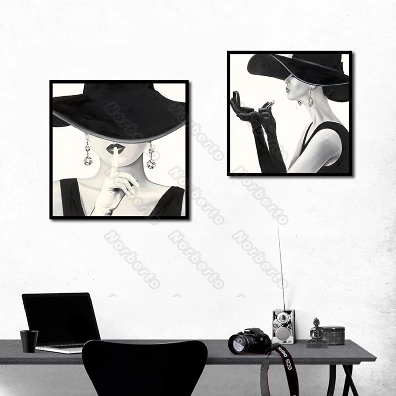 

European Style Canvas Painting Posters Charming Woman Profile with a Big Black Hat Applying Lipstick for Home Rooms Decoration