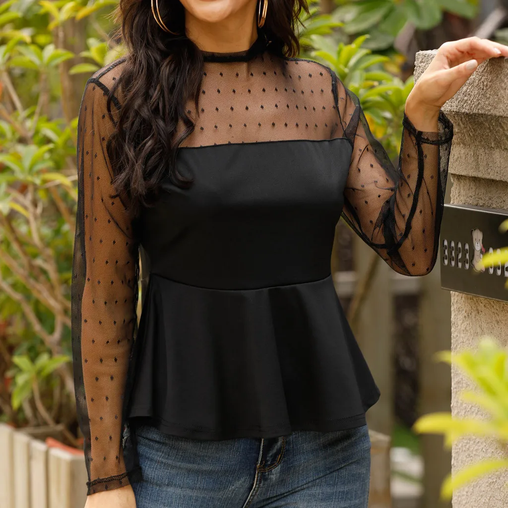 Женская блузка с длинным рукавом и баской сексуальная сетчатая в горошек
