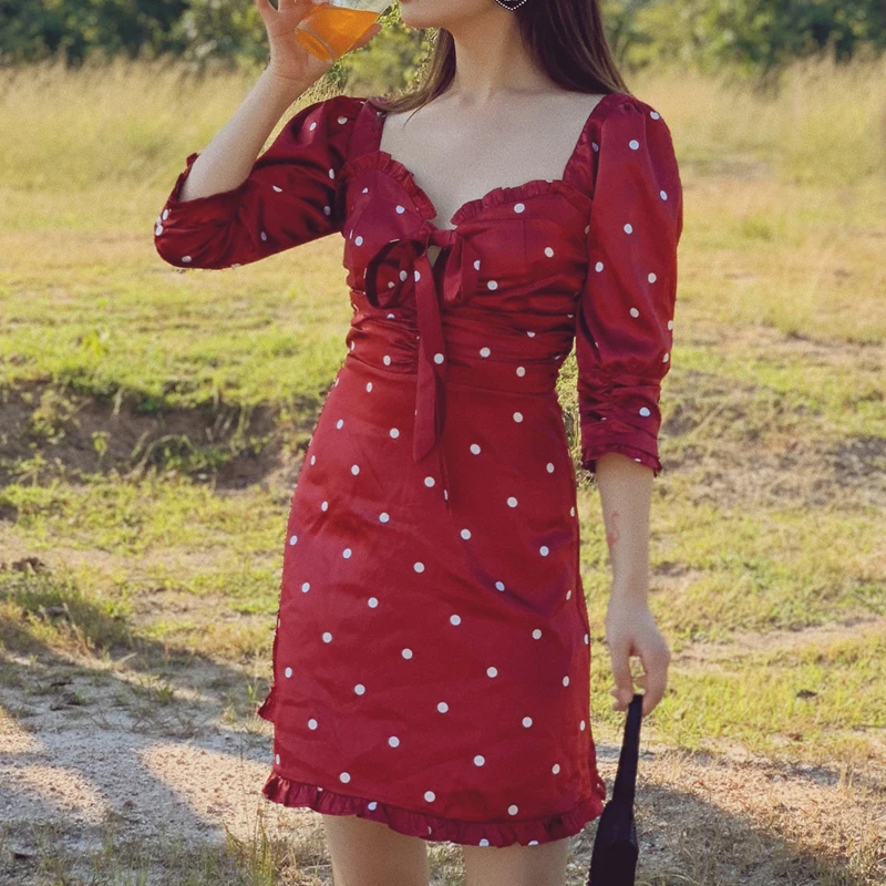 

Женское атласное вечернее мини-платье, элегантное атласное платье в горошек с завязками спереди