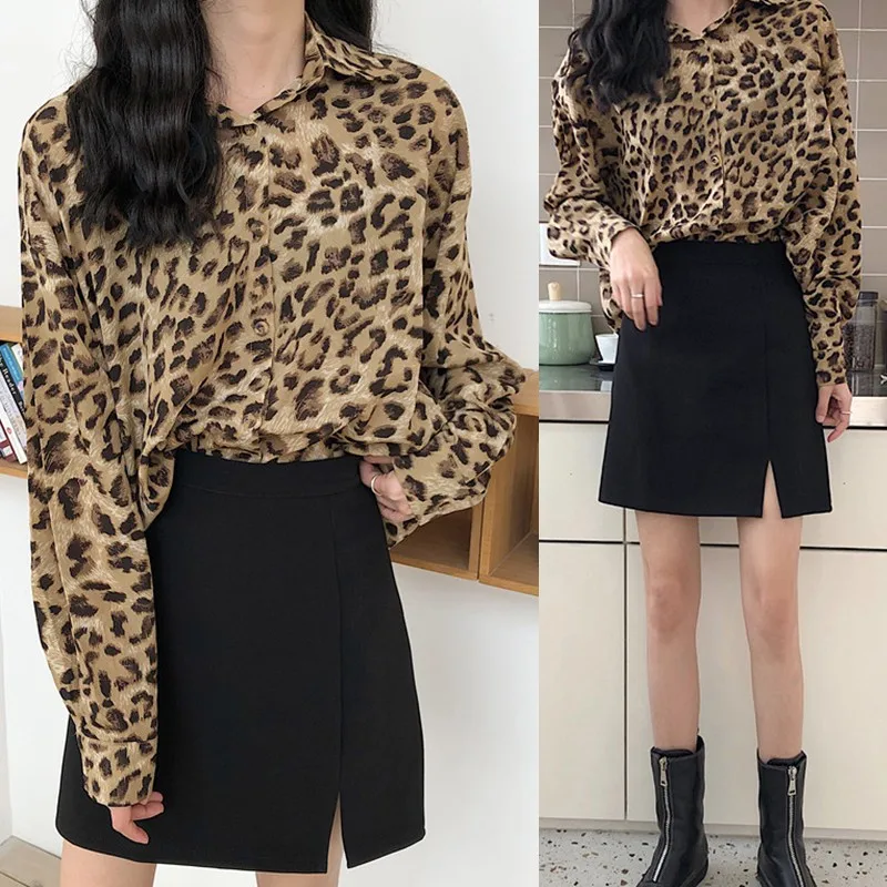 

Fashion Women Leopard Blouse Long Sleeve Retro Shirt Ladies Top Shirt Streetwear blusas femininas elegante Plus Size K