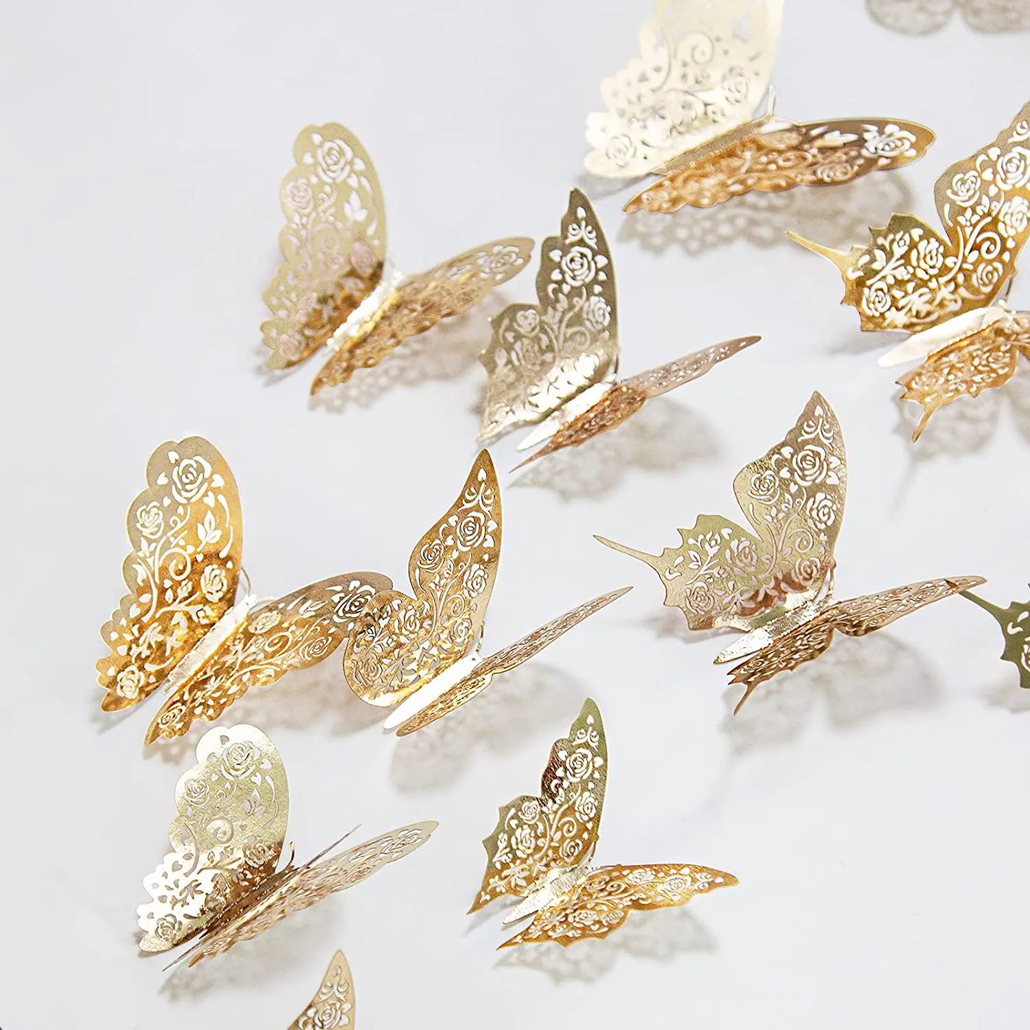 

12Pcs 3D Metallic Paper Champagne Gold Hollow Butterfly Decor Wall Decal DIY Love Rose Flower Pattern Butterflies Fridge Sticker