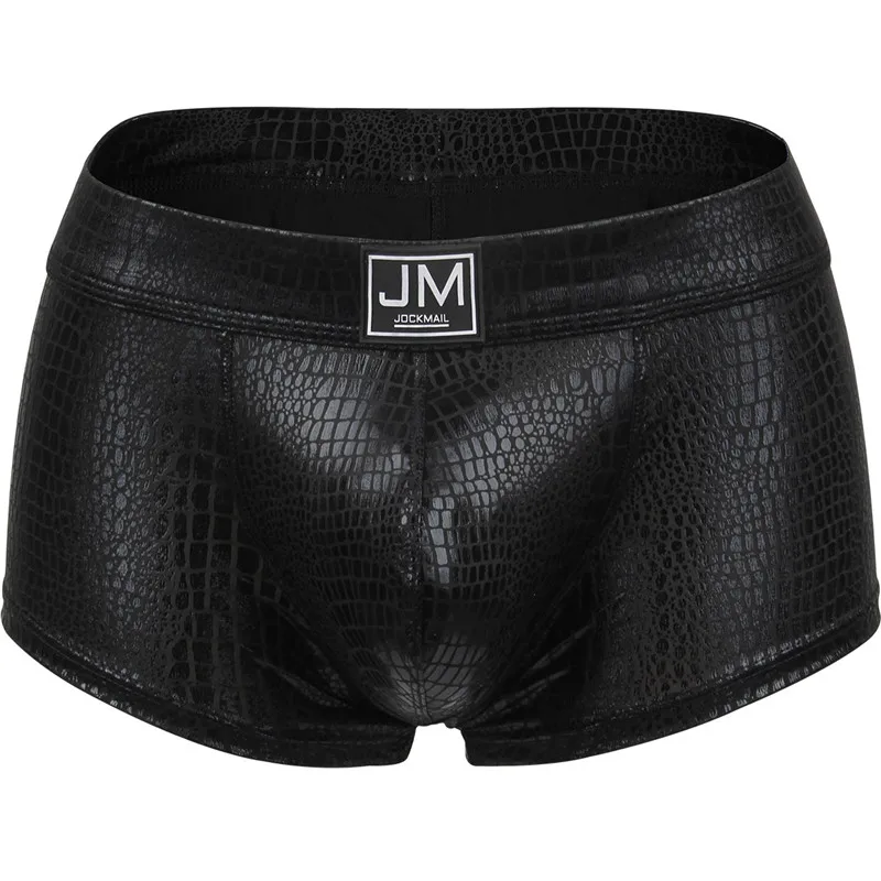 Jockmail Мужское нижнее белье боксеры сексуальное прозрачное Мужское нижнее белье PU кожаное нижнее белье мужские боксеры шорты Мужское нижнее белье боксеры шорты - Цвет: Черный
