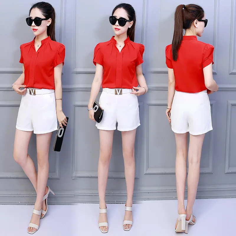 Korean Fashion Womens Tops and Blouses Chiffon Women Blouses Short Sleeve White Shirts XXL Ladies Tops images - 6