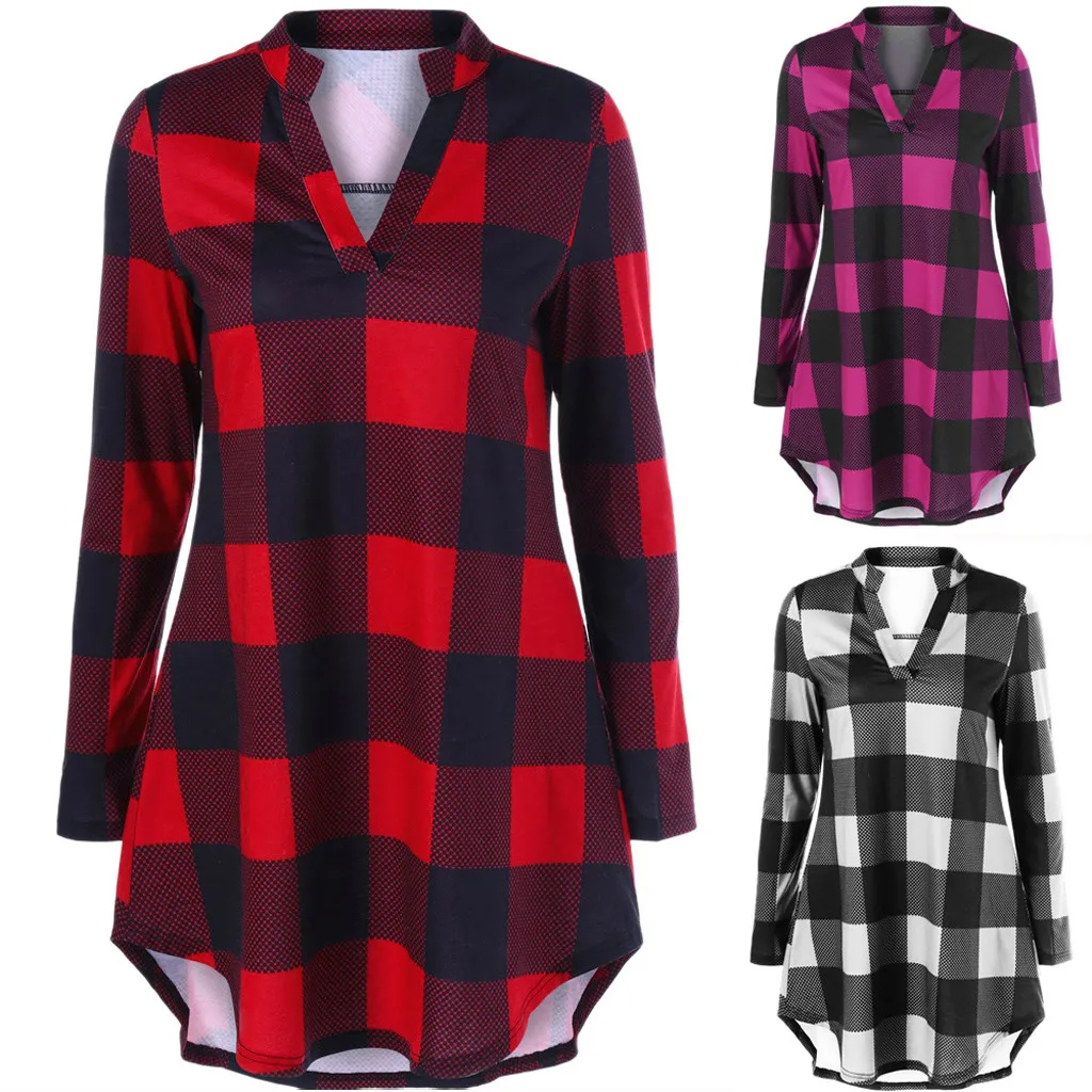 Блузка женская летняя в клетку с V-образным вырезом и длинным рукавом |
