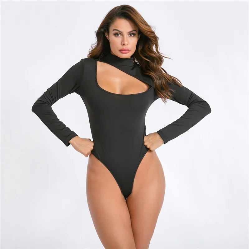 

Elegant Turtleneck Hole Bodysuit For Women Long Sleeve Skinny Black Rompers Stretch Leotard Tops 2020 Spring Autumn Trend