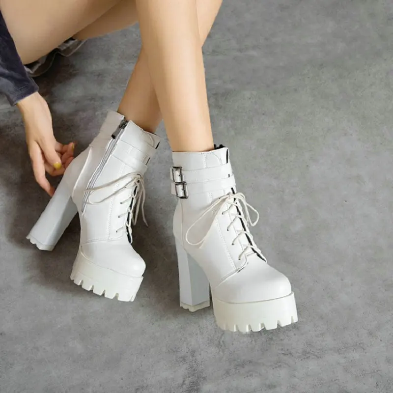 

Женские ботинки в стиле панк Sianie Tianie, ботильоны на платформе, на высоком блочном каблуке, с пряжкой и перекрестной шнуровкой, простые, белые, ...