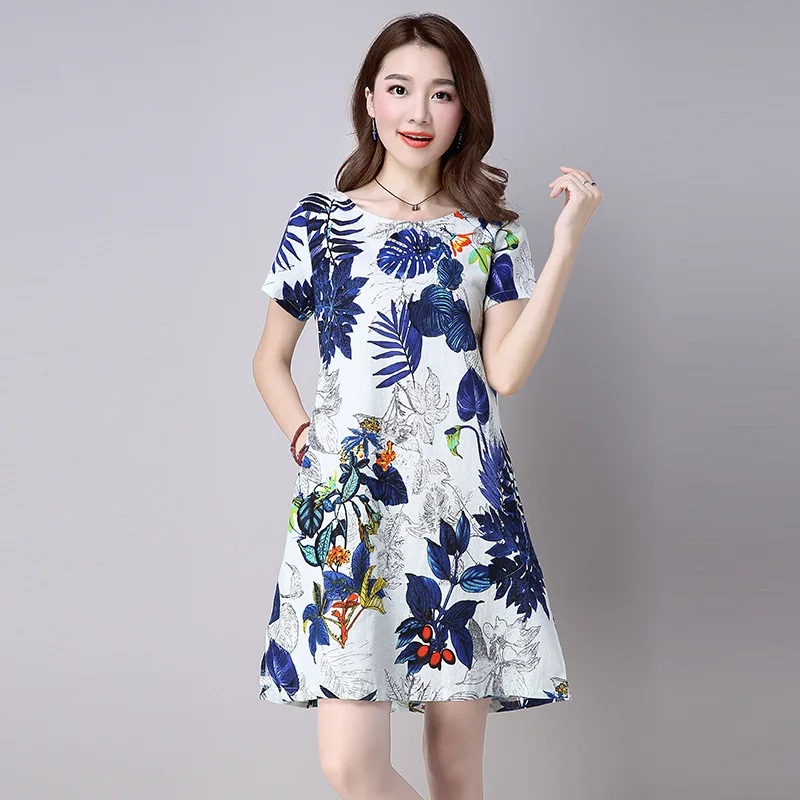 

Summer Floral Printed Cotton Linen Dress 2021 New Sweet Women Midi Dresses O-Neck Short Sleeve Party Dresses Vestidos Femininos