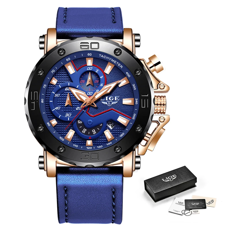 Часы наручные LIGE Мужские кварцевые брендовые Роскошные спортивные