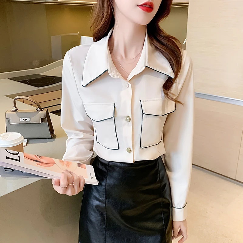 

Рубашка COIGARSAM, женские топы, осень 2021, новые офисные женские Милые шифоновые однотонные прямые женские рубашки с длинным рукавом