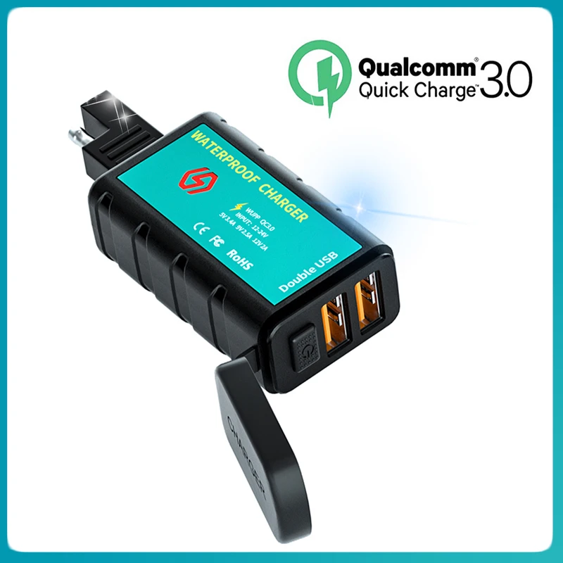 

Square fast charge dual USB Charger With Button Switch And Integrated SAE Socket