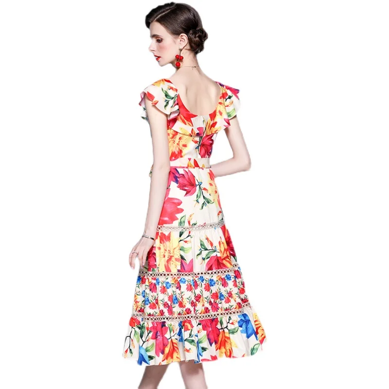 

Simgent Print Dress Women Summer Ruffle Lace Up Single Breasted V-Neck A Line Sleeveless Dresses Robe Femme Vestidos SG161216