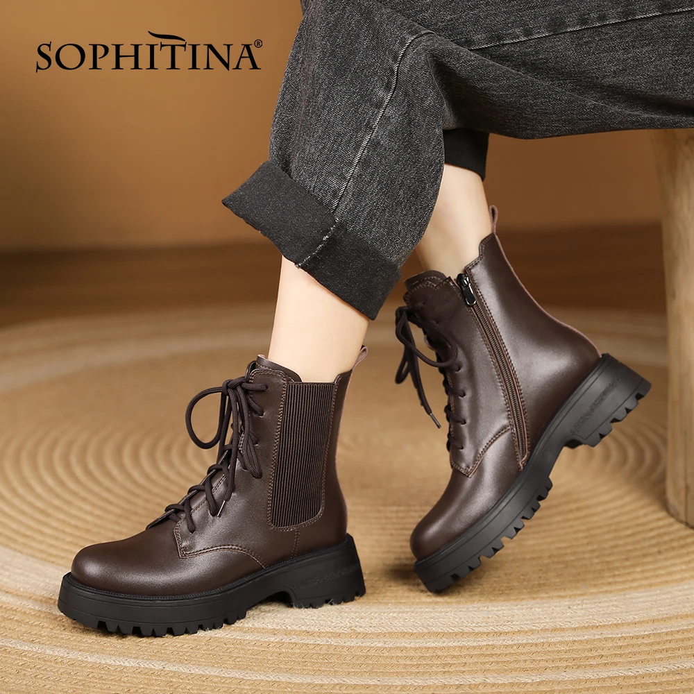 

Женские рабочие ботинки SOPHITINA, короткие плюшевые ботильоны из натуральной кожи, с круглым носком, на шнуровке, WO850