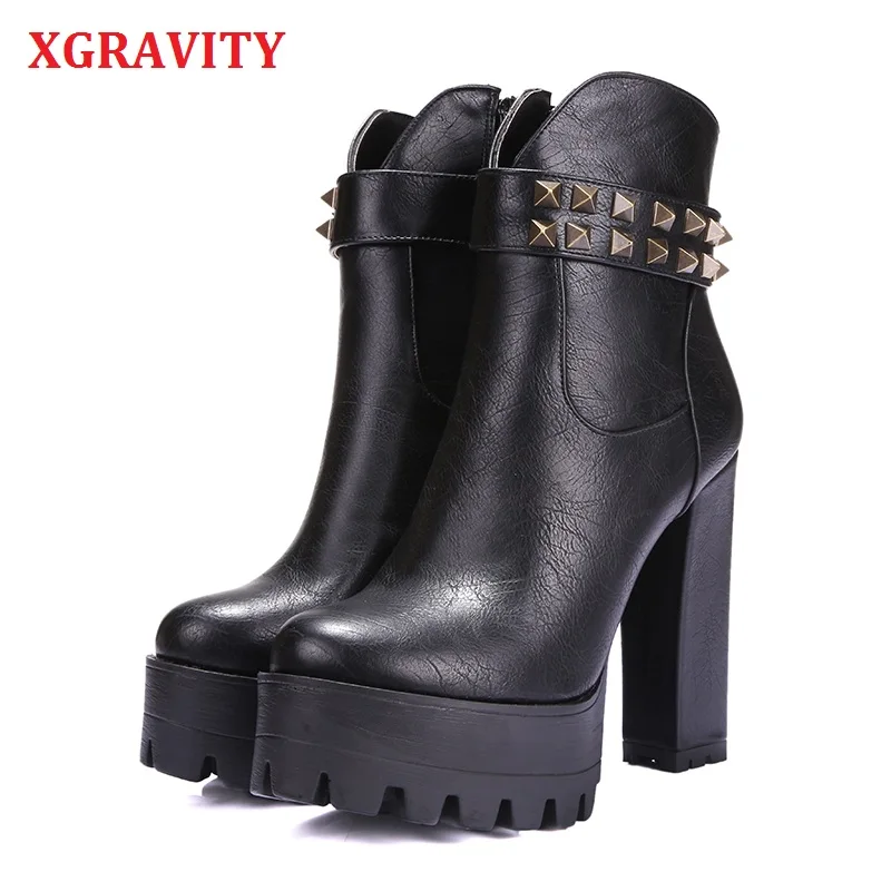 

XGRAVITY Rivets High Heel Pumps Sexy Woman Boots Fashion Boots Elegant Female Short Ankle Army Boots Comfortable Lady Shoes S019