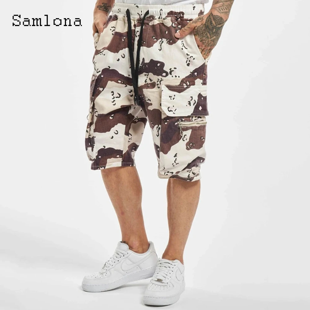 Samlona 2021 Stylish simplicity Men Half Pants Fashion Multi-pocket Shorts Man Straight Casual Drawstring All-match Beach Shorts