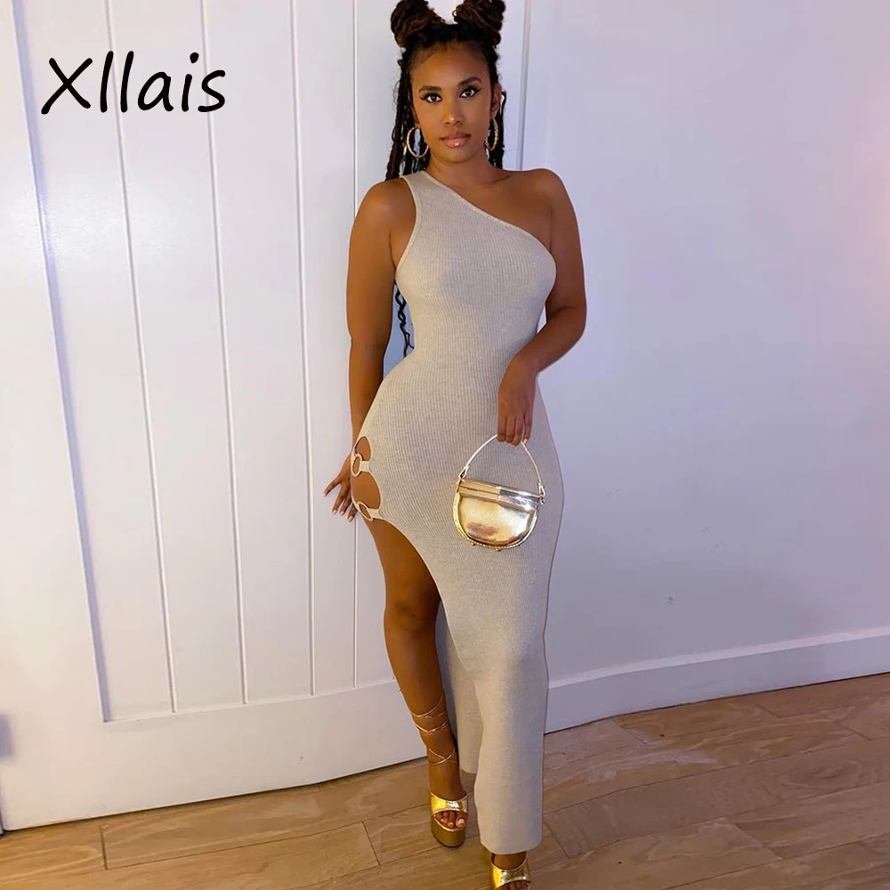 

XLLAIS Single Shoulder Sleeveless Midi Dress Elegant Knitting Split Prom Women Clothes Night Club Evening Sexy Dress Summer