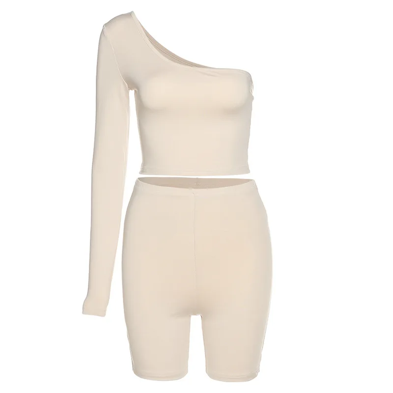 

New Solid Asymmetrical 2 Piece Sets Women Tracksuit Crop Tops+Elastic Bike Shorts Sporty Matching Suits Casual Female Outfit