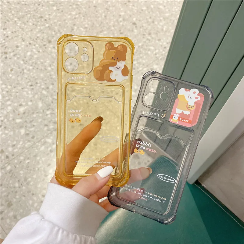 Cute Bear Cartoon Rabbit Card Holder Wallet Phone Case For iPhone 11 12 13 Pro XS Max XR 7 8 Plus Soft TPU Shockproof Case Cover