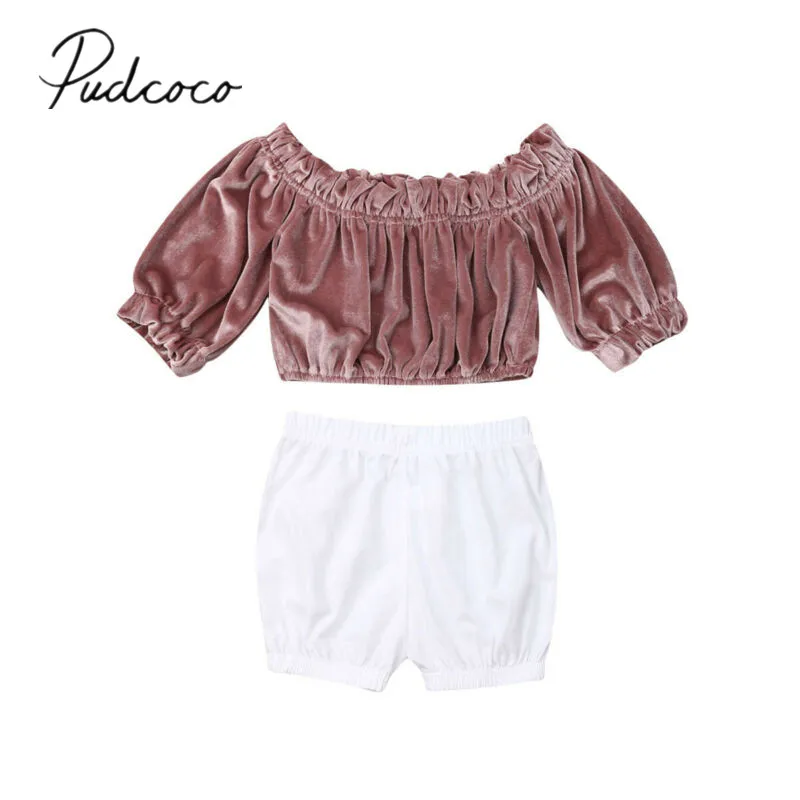2019 Baby Summer Clothing Toddler Kids Girls Clothes Off Shoulder Velvet Shirt Tops+Short Bottoms 2Pcs Outfits Set 6M-3T | Детская