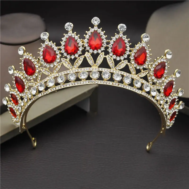 Gold Red Великолепная розовая Хрустальная свадебная тиара свадебная корона ободок тиара королевские украшения для волос пышная корона аксессуары для головы - Окраска металла: Gold Red