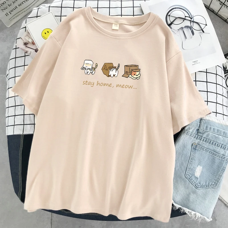 

Meow Cats Personality Print Women's T-Shirts O-Neck Loose T Shirts Casual Tee Clothes Summer Plus Size