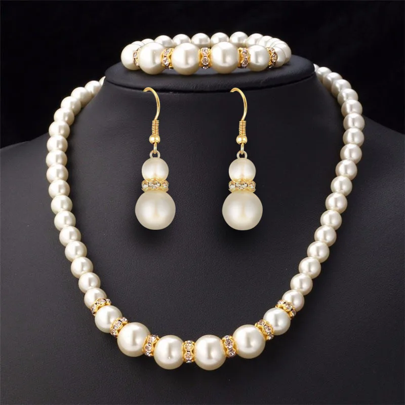

1Set 2Colors Necklace Bracelet Earrings 12MM Simulated Pearl Wedding Ladies Girls Dating Accessories Party Decoration