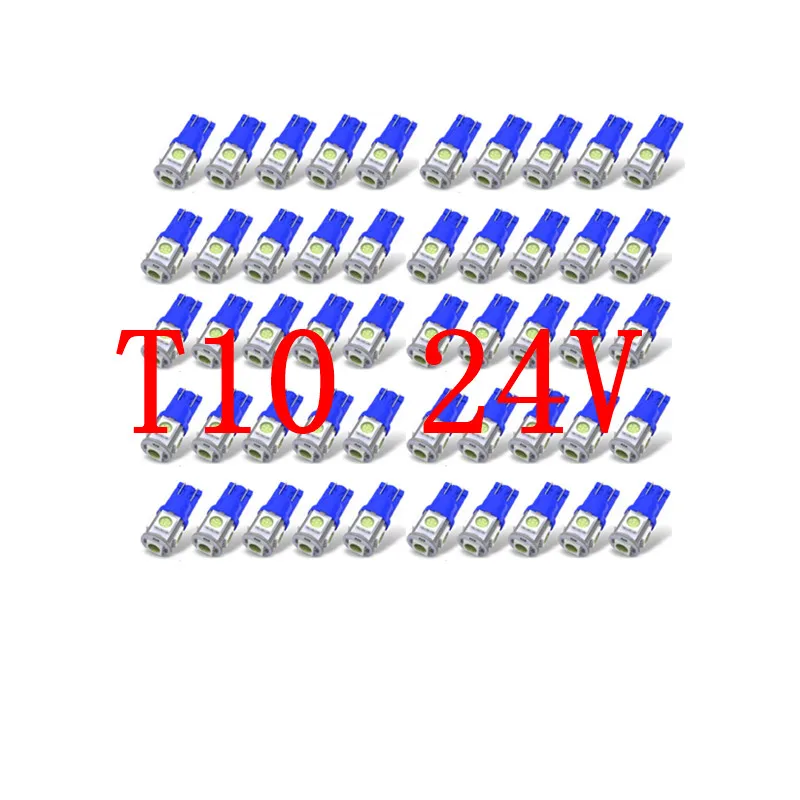 

50Pcs Ice Blue T10 W5W 5050 5SMD 168 194 DC 24V License Plate Led Bulbs For Car Interior Lights Reading Light Trunk Light Bulb