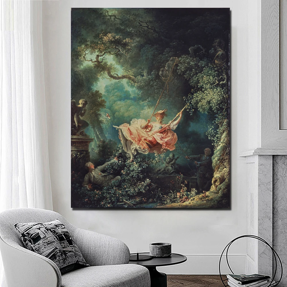 

Famous Rococo Canvas Painting The Swing by Fragonard Poster And Print Wall Art Picture for Living Room Home Decoration No Frame