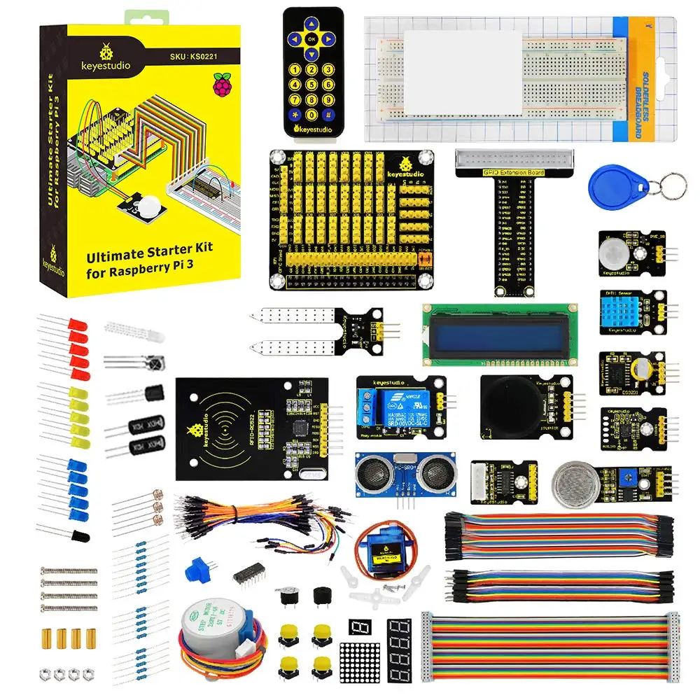 

keyestudio New Ultimate Starter Kit for Raspberry Pi 4B/ Model 3B/B+ w/Tutorial, ADXL345, Ultrasonic,lcd 1602