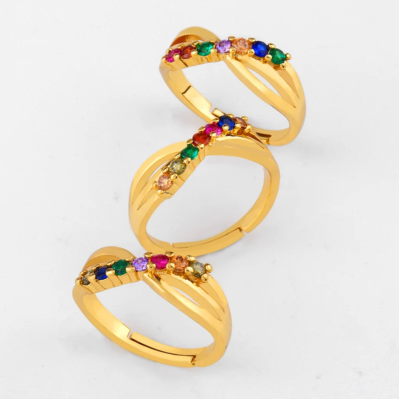 FLOLA Adjustable Rainbow Wave Ring for Woman AAA Cubic Zircon Thin 24k gold Jewelry anillo arcoiris rih86 | Украшения и