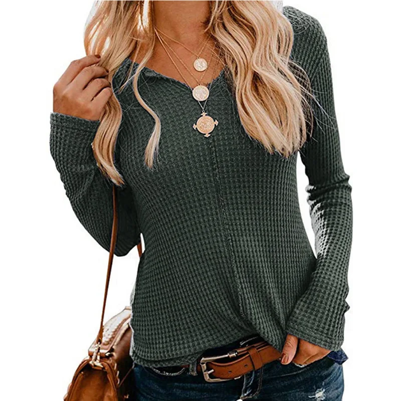 

European and American Women's Solid Color Long-sleeved Shirt Waffle Check Casual Women's Top