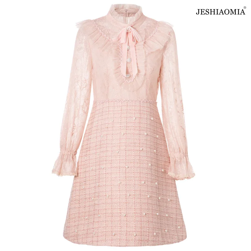 

JESHIAOMIA-2021 Autumn Stand Collar Lace Patchwork Ruffle Patchwork Dress
