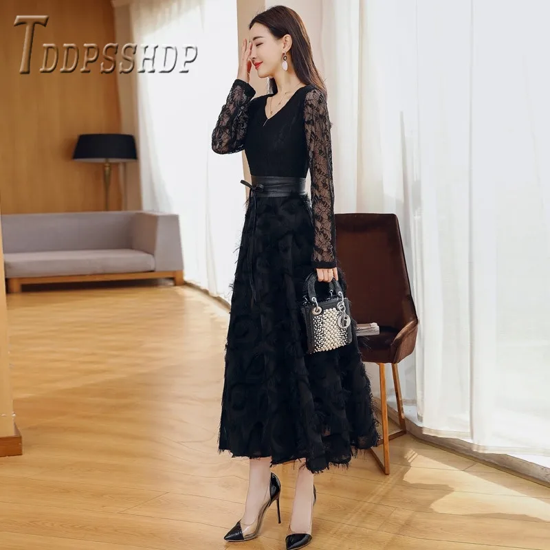 

2019 New Lace Feather Black Color Women Dress Transparent Sleeve V Neck Female Dresses