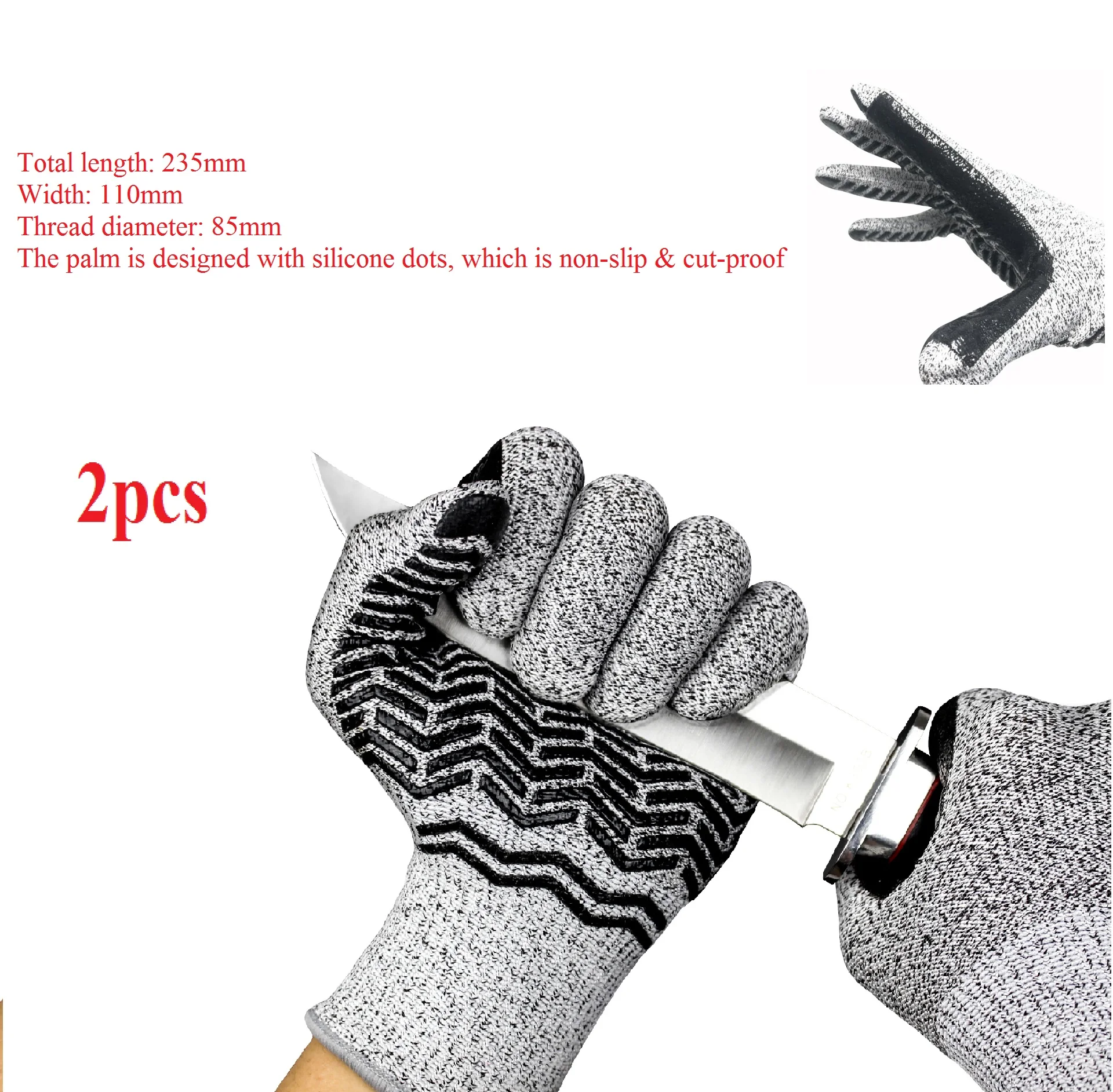 

2PCS PPE+Silicone Non-Slip Gloves Anti-Cutting Level 5 Protection Safety Gloves Stab Resistant BBQ Working Gloves